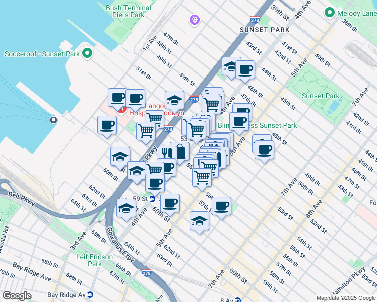 map of restaurants, bars, coffee shops, grocery stores, and more near 4th Ave & 54th St in Brooklyn