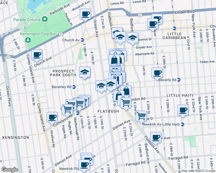 map of restaurants, bars, coffee shops, grocery stores, and more near 755 Ocean Avenue in Brooklyn