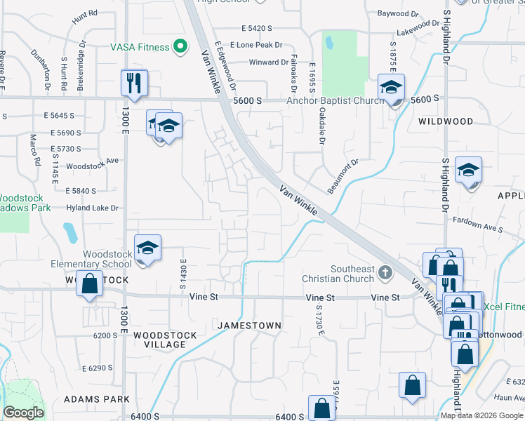map of restaurants, bars, coffee shops, grocery stores, and more near 1611 Deauville Avenue in Murray