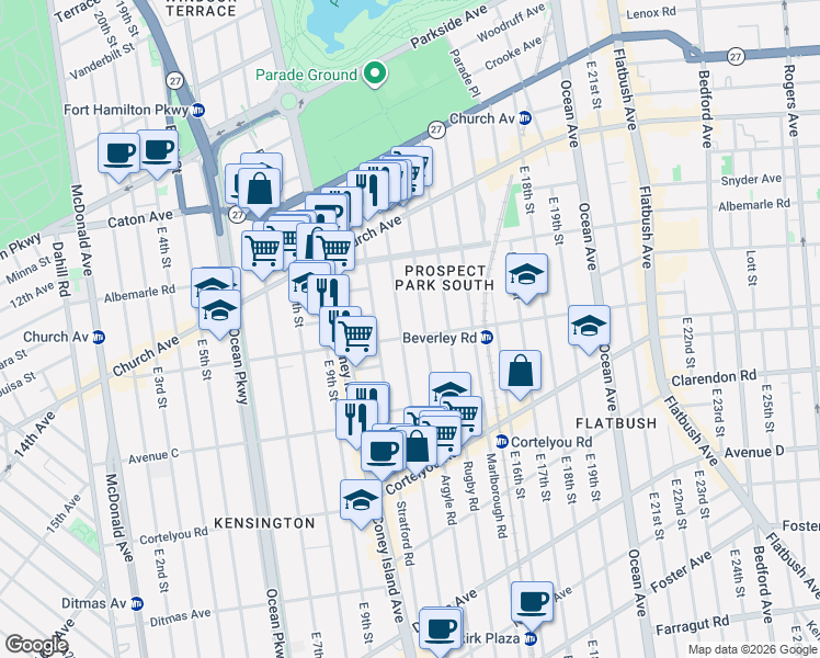 map of restaurants, bars, coffee shops, grocery stores, and more near 1113 Beverley Road in Brooklyn