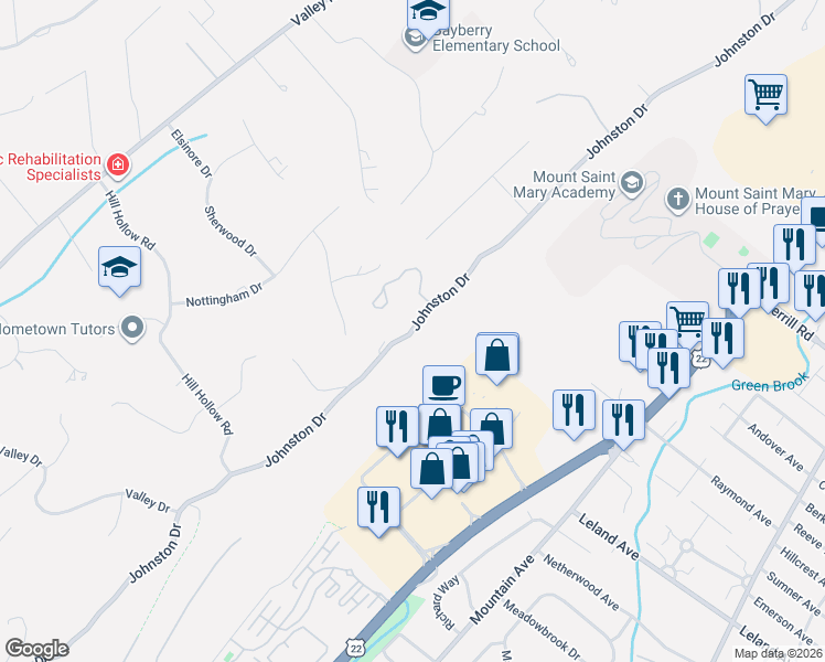 map of restaurants, bars, coffee shops, grocery stores, and more near 810 Johnston Drive in Watchung