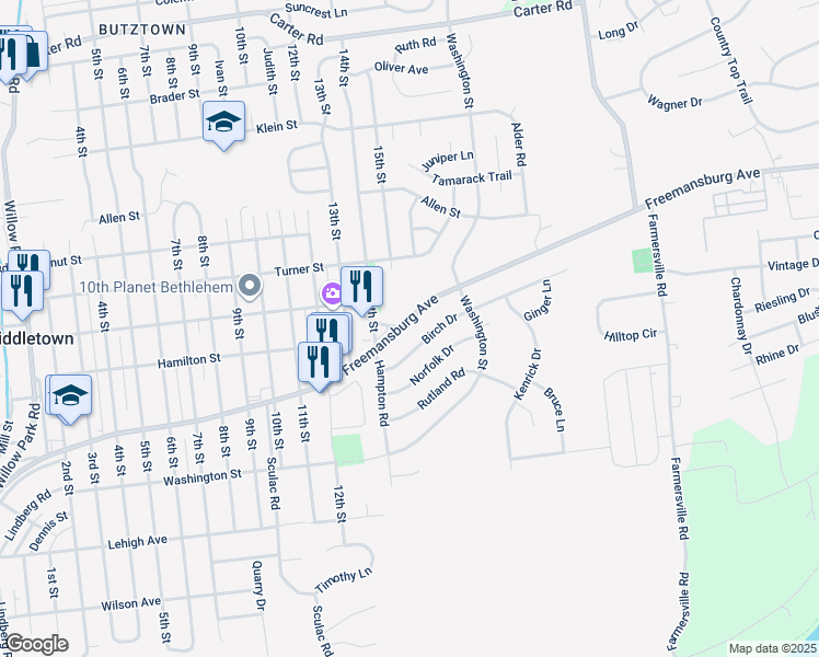 map of restaurants, bars, coffee shops, grocery stores, and more near 3938 Freemansburg Avenue in Bethlehem