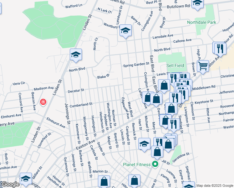 map of restaurants, bars, coffee shops, grocery stores, and more near 2220 Lincoln Street in Bethlehem
