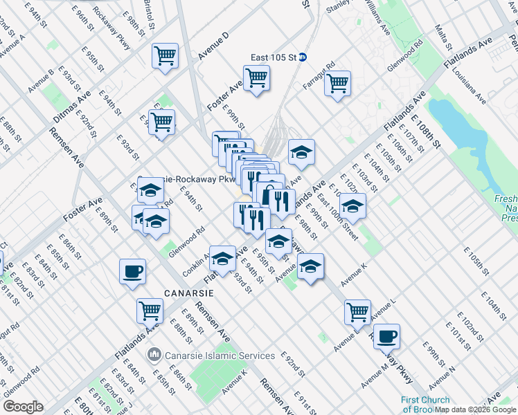 map of restaurants, bars, coffee shops, grocery stores, and more near 179 Conklin Avenue in Brooklyn