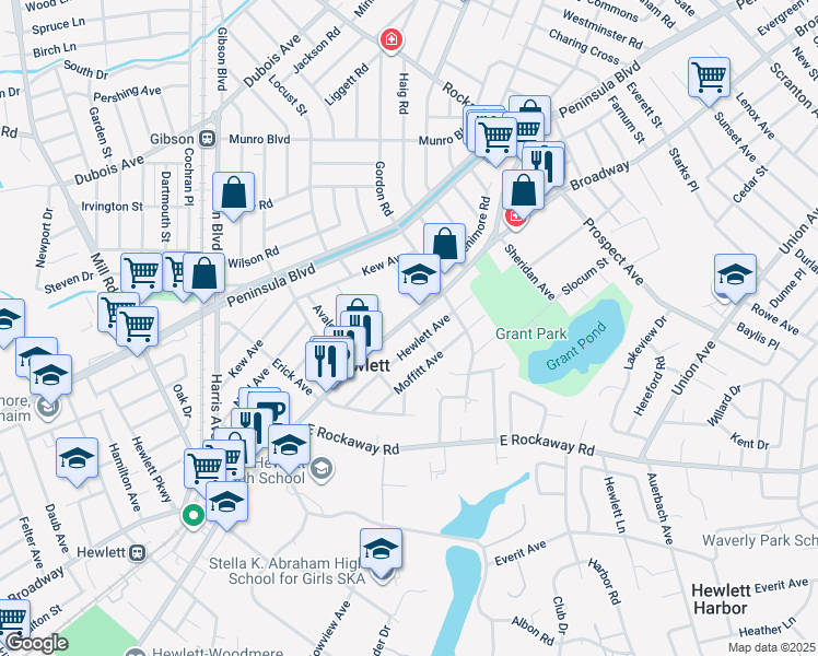 map of restaurants, bars, coffee shops, grocery stores, and more near 1552 Hewlett Avenue in Hewlett