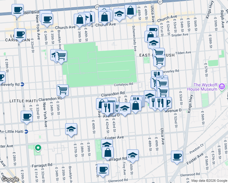 map of restaurants, bars, coffee shops, grocery stores, and more near 4222 Clarendon Road in Brooklyn