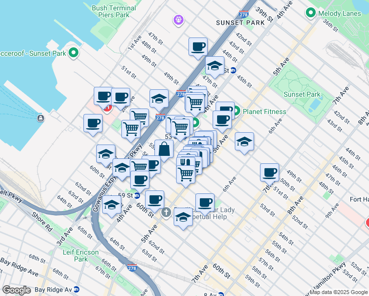 map of restaurants, bars, coffee shops, grocery stores, and more near 404B 54th Street in Brooklyn