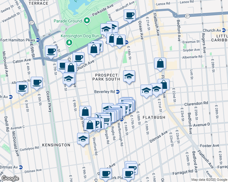map of restaurants, bars, coffee shops, grocery stores, and more near Beverley Rd & Marlborough Rd in Brooklyn