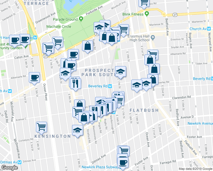 map of restaurants, bars, coffee shops, grocery stores, and more near Beverley Rd & Marlborough Rd in Brooklyn