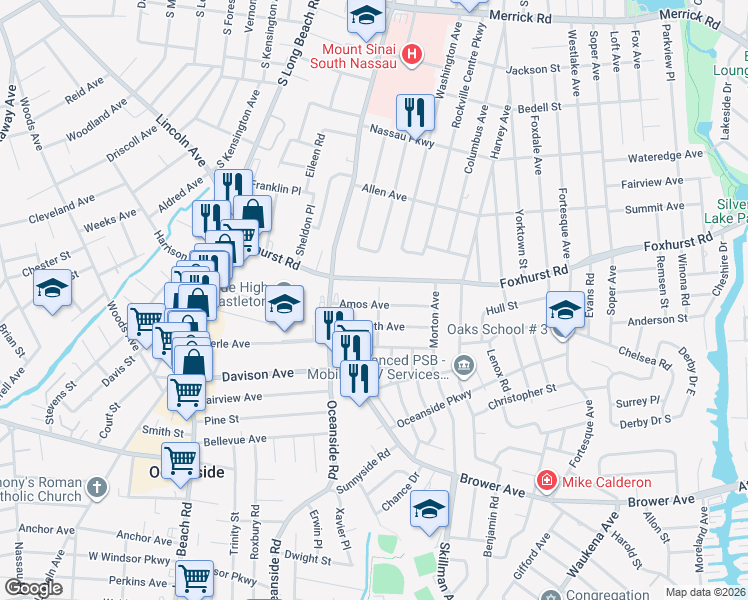 map of restaurants, bars, coffee shops, grocery stores, and more near 218 Amos Avenue in Oceanside