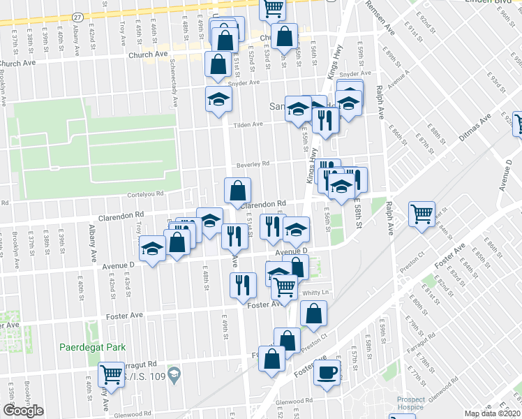map of restaurants, bars, coffee shops, grocery stores, and more near 665 East 52nd Street in Brooklyn