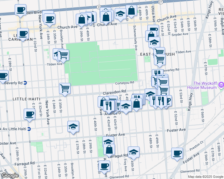 map of restaurants, bars, coffee shops, grocery stores, and more near 4222 Clarendon Road in Brooklyn