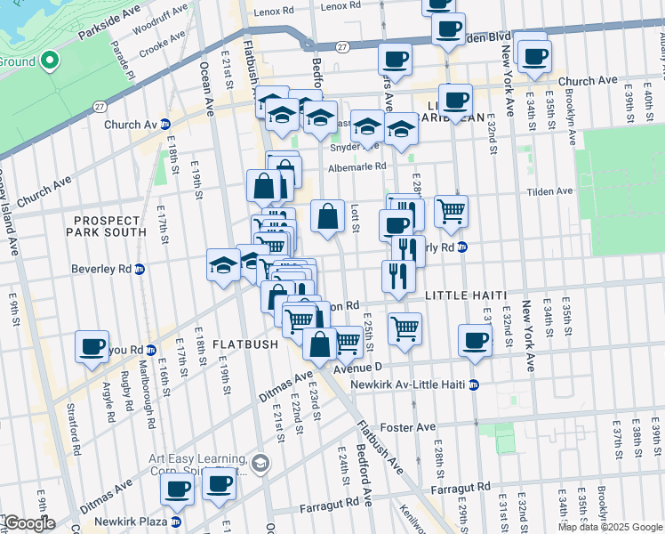 map of restaurants, bars, coffee shops, grocery stores, and more near 2402 Cortelyou Road in Brooklyn