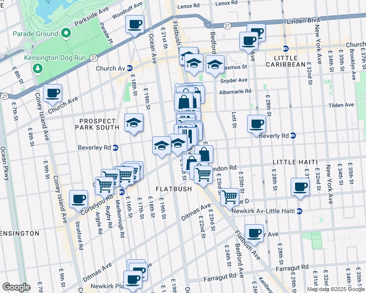 map of restaurants, bars, coffee shops, grocery stores, and more near 420 East 21st Street in Brooklyn