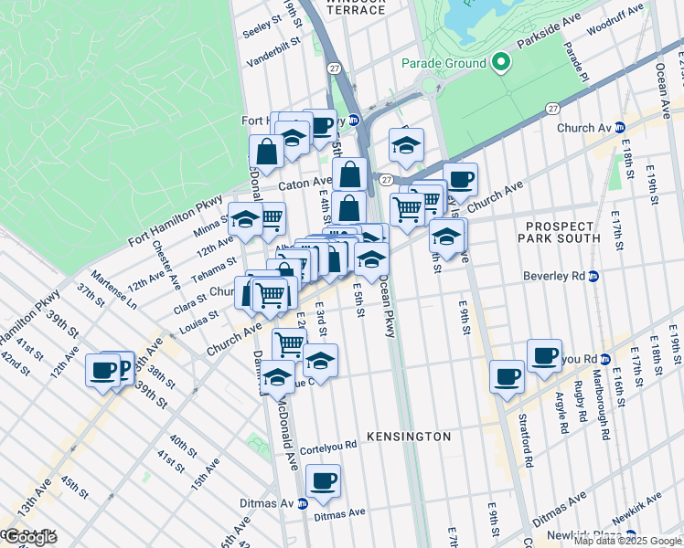 map of restaurants, bars, coffee shops, grocery stores, and more near 406 Church Avenue in Brooklyn