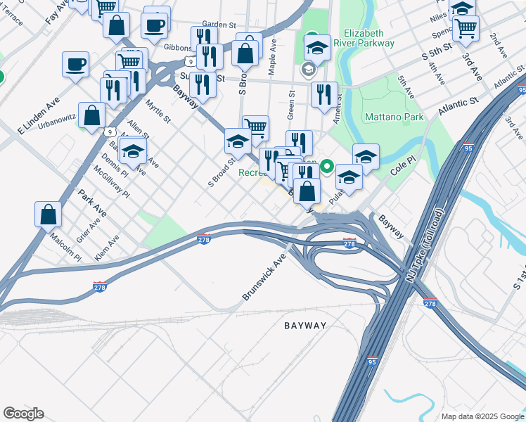 map of restaurants, bars, coffee shops, grocery stores, and more near 742-756 Clarkson Avenue in Elizabeth