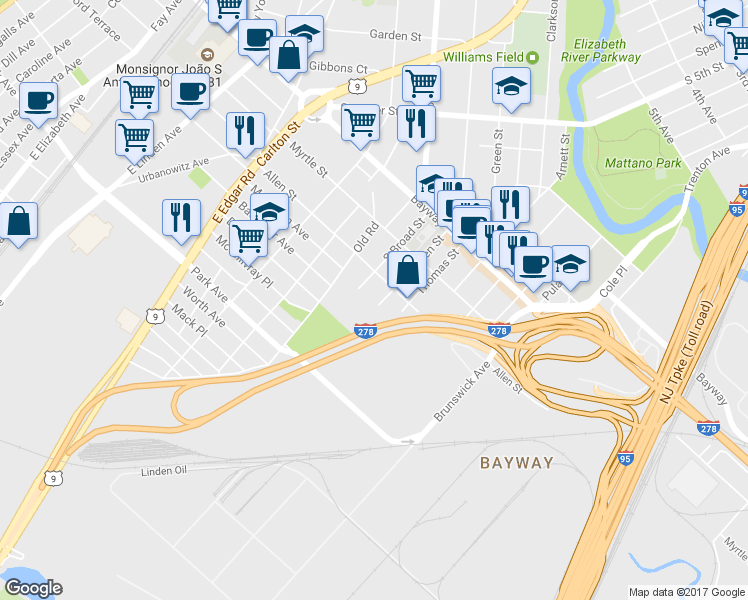 map of restaurants, bars, coffee shops, grocery stores, and more near 2503 Ogden Street in Linden