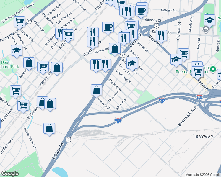 map of restaurants, bars, coffee shops, grocery stores, and more near 706 Worth Avenue in Linden