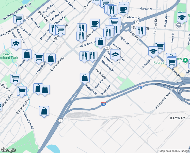 map of restaurants, bars, coffee shops, grocery stores, and more near 706 Worth Avenue in Linden