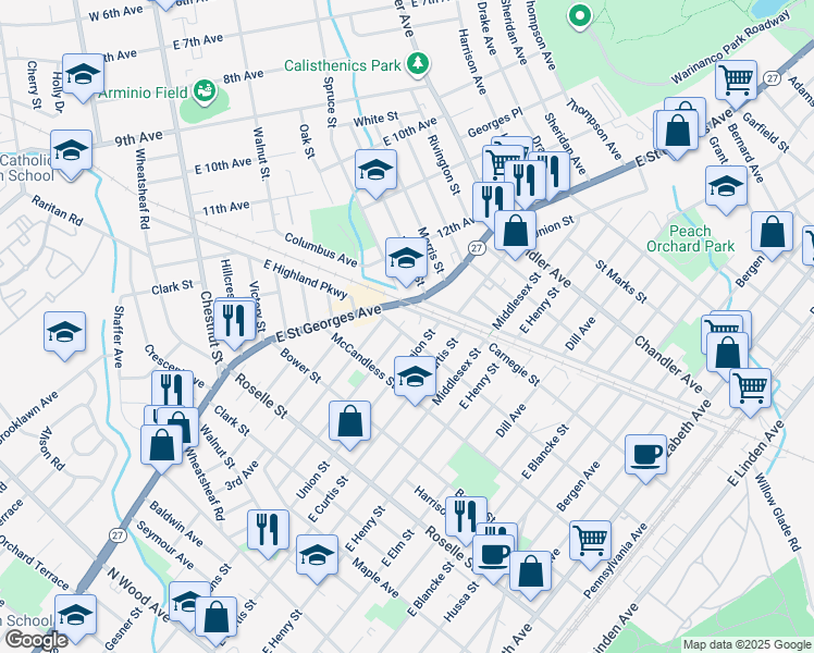 map of restaurants, bars, coffee shops, grocery stores, and more near 913 Union Street in Linden