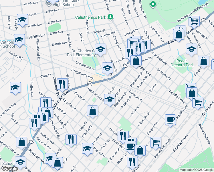 map of restaurants, bars, coffee shops, grocery stores, and more near 831 Cleveland Avenue in Linden