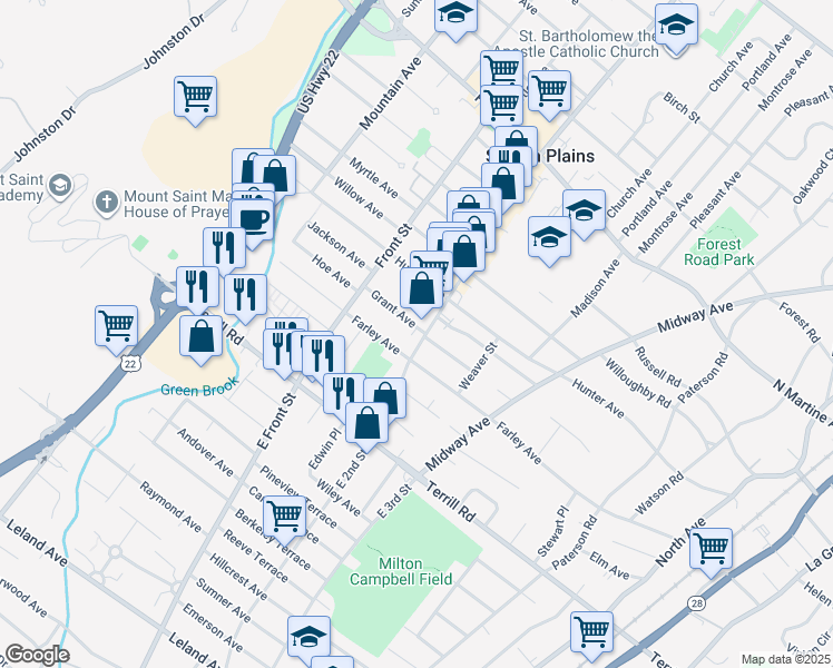map of restaurants, bars, coffee shops, grocery stores, and more near 1589 East 2nd Street in Scotch Plains