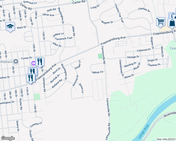 map of restaurants, bars, coffee shops, grocery stores, and more near 4360 Hilltop Circle in Bethlehem