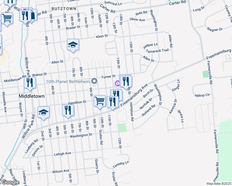 map of restaurants, bars, coffee shops, grocery stores, and more near 1907 12th Street in Bethlehem