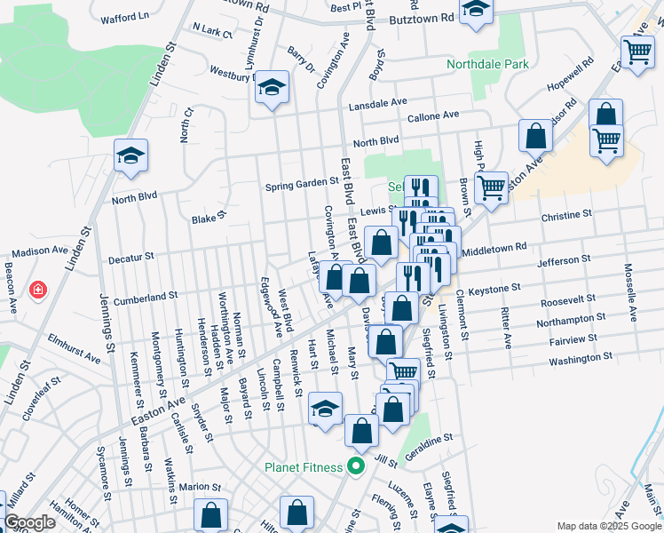 map of restaurants, bars, coffee shops, grocery stores, and more near 2152 Lafayette Avenue in Bethlehem
