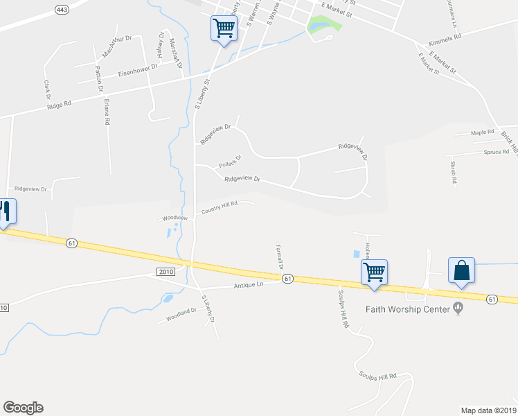 map of restaurants, bars, coffee shops, grocery stores, and more near 126 Country Hill Road in Orwigsburg