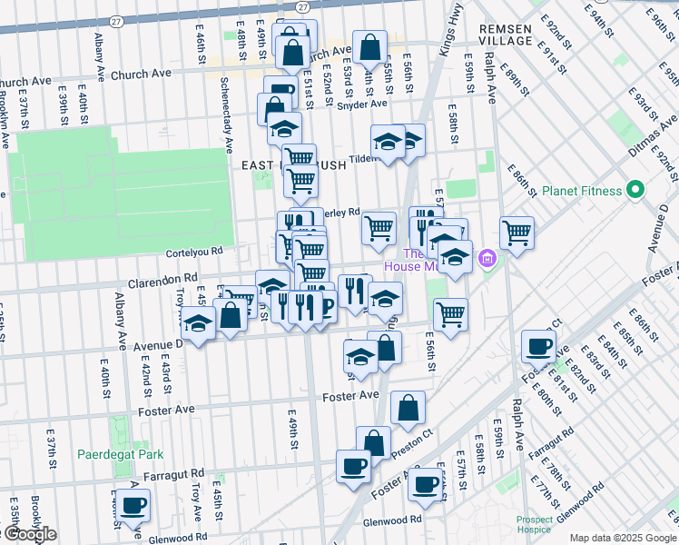 map of restaurants, bars, coffee shops, grocery stores, and more near 665 East 52nd Street in Brooklyn