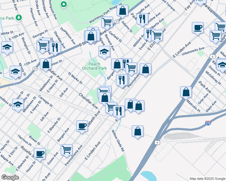 map of restaurants, bars, coffee shops, grocery stores, and more near 1410 East Elizabeth Avenue in Linden