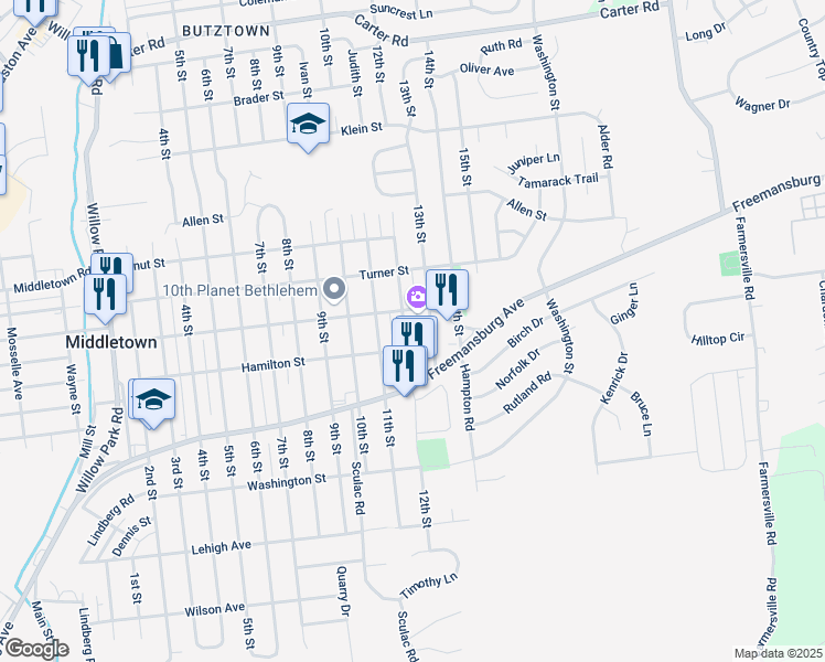 map of restaurants, bars, coffee shops, grocery stores, and more near 1907 12th Street in Bethlehem