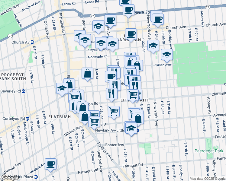 map of restaurants, bars, coffee shops, grocery stores, and more near Rogers Ave & Cortelyou Rd in Brooklyn