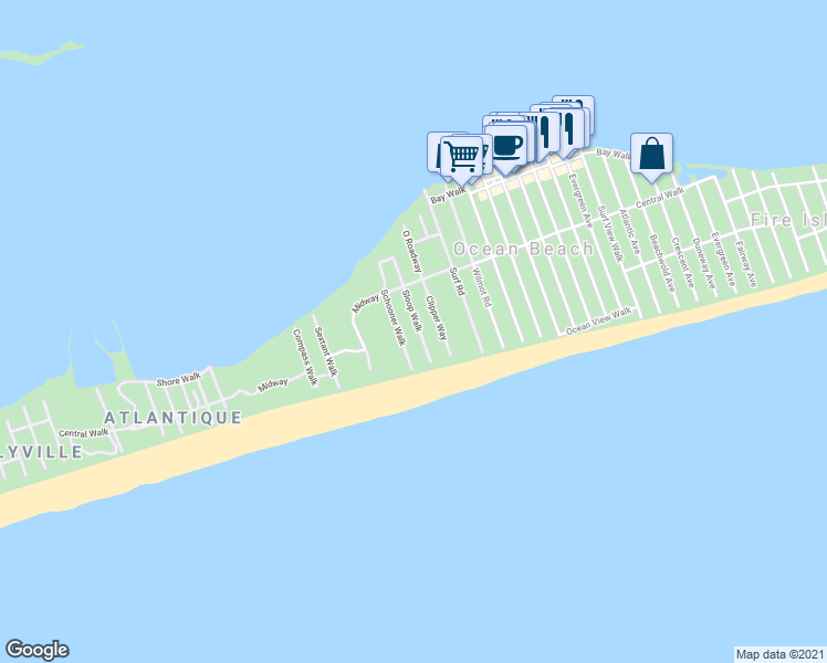 map of restaurants, bars, coffee shops, grocery stores, and more near 30 East Walk in Fire Island