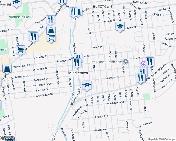 map of restaurants, bars, coffee shops, grocery stores, and more near 2005 3rd Street in Bethlehem