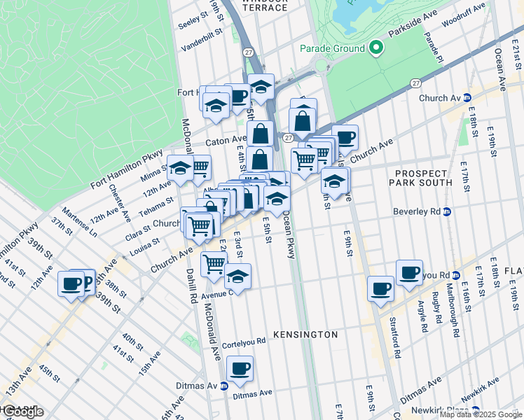 map of restaurants, bars, coffee shops, grocery stores, and more near 421 Church Avenue in Brooklyn