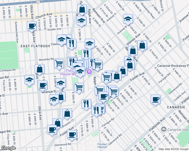 map of restaurants, bars, coffee shops, grocery stores, and more near Canarsie Lane in Brooklyn