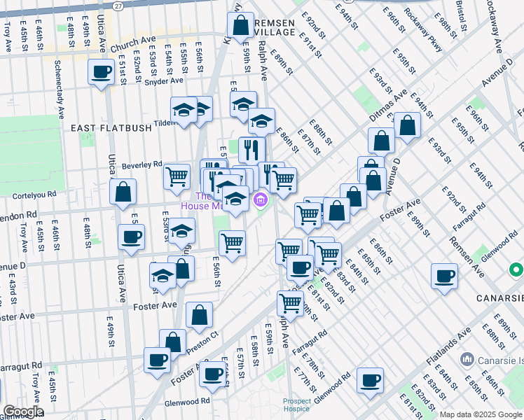 map of restaurants, bars, coffee shops, grocery stores, and more near 5816 Clarendon Road in Brooklyn