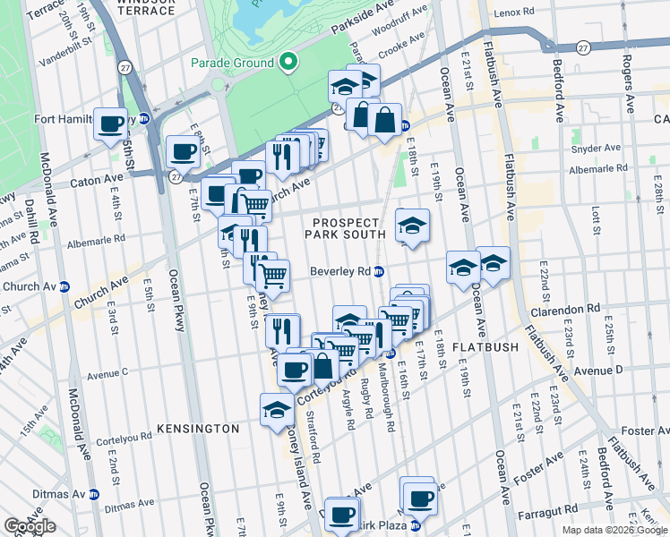 map of restaurants, bars, coffee shops, grocery stores, and more near 1310 Beverley Road in Brooklyn
