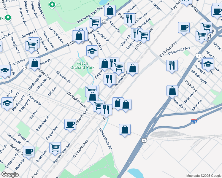 map of restaurants, bars, coffee shops, grocery stores, and more near 1401 Pennsylvania Avenue in Linden