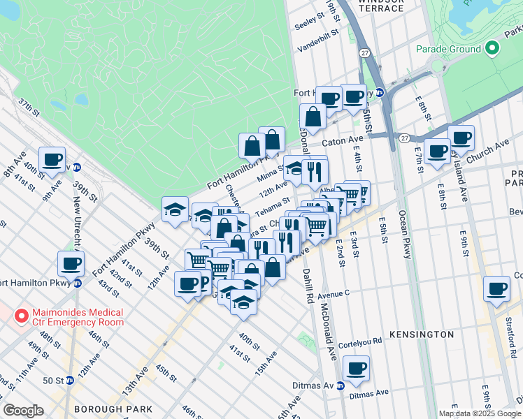 map of restaurants, bars, coffee shops, grocery stores, and more near 77 Tehama Street in Brooklyn