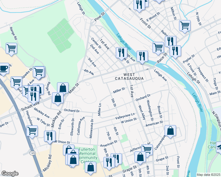 map of restaurants, bars, coffee shops, grocery stores, and more near 2441 Miller Street in Fullerton