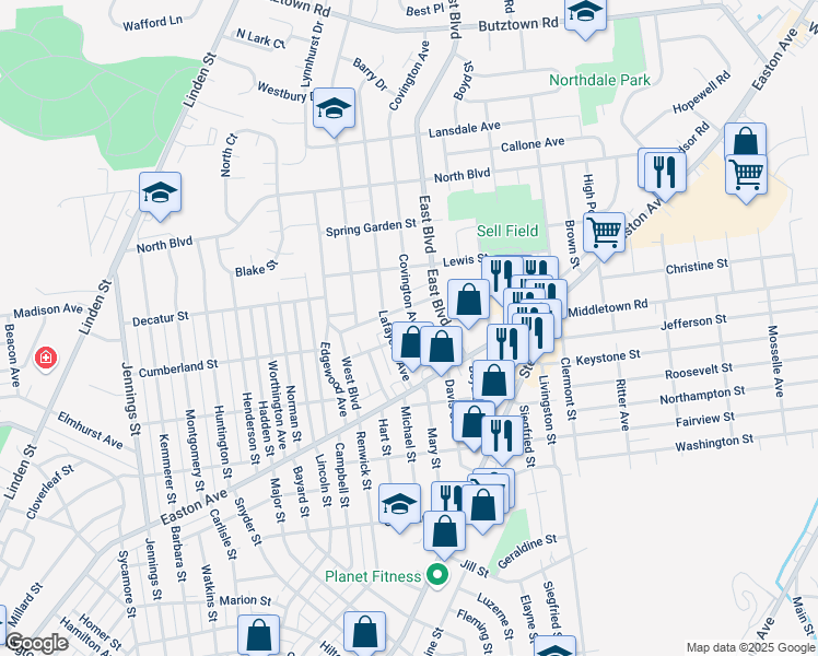 map of restaurants, bars, coffee shops, grocery stores, and more near 2152 Lafayette Avenue in Bethlehem