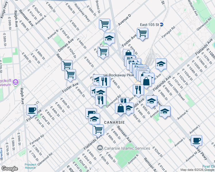 map of restaurants, bars, coffee shops, grocery stores, and more near 1042 East 93rd Street in Brooklyn