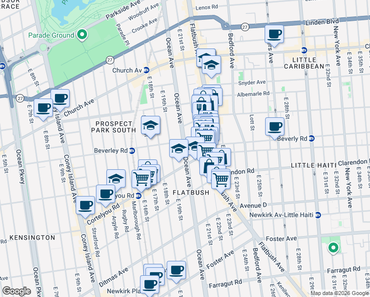 map of restaurants, bars, coffee shops, grocery stores, and more near 745 Ocean Avenue in Brooklyn