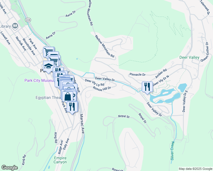 map of restaurants, bars, coffee shops, grocery stores, and more near 751 Rossie Hill Drive in Park City