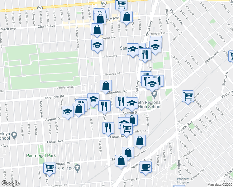 map of restaurants, bars, coffee shops, grocery stores, and more near 5124 Clarendon Road in Brooklyn