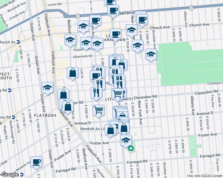 map of restaurants, bars, coffee shops, grocery stores, and more near 226 East 29th Street in Brooklyn