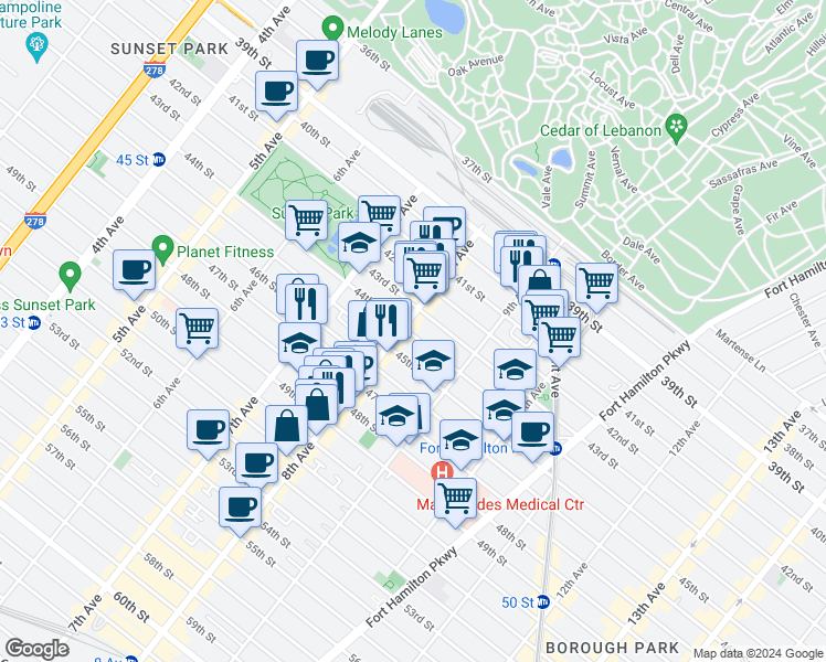 map of restaurants, bars, coffee shops, grocery stores, and more near 809 44th Street in Brooklyn
